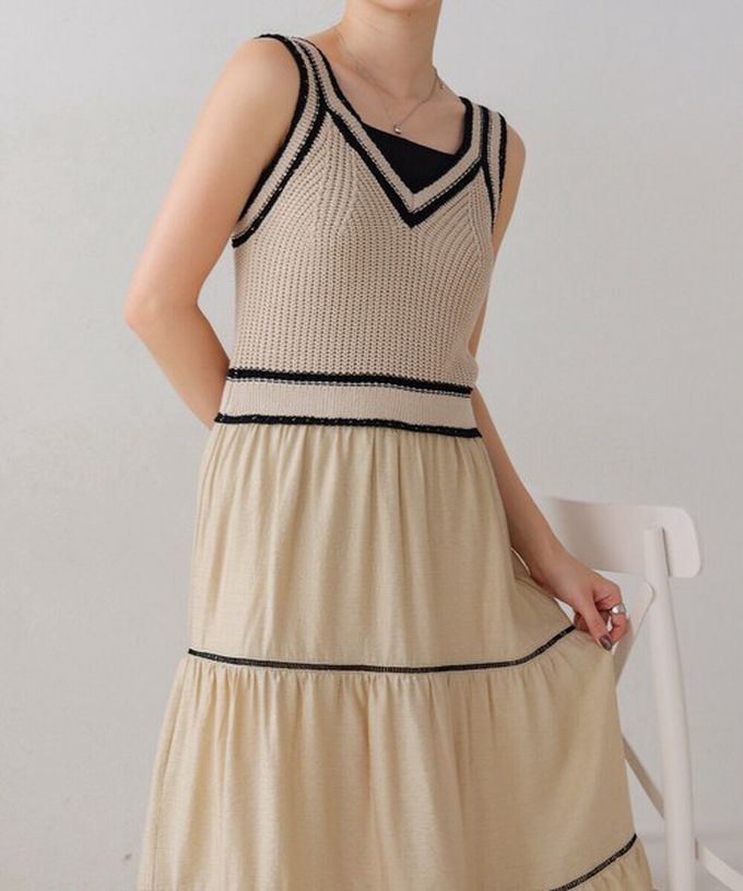 日本 Bab - 純棉針織拼接渡假風無袖洋裝-淺灰綠