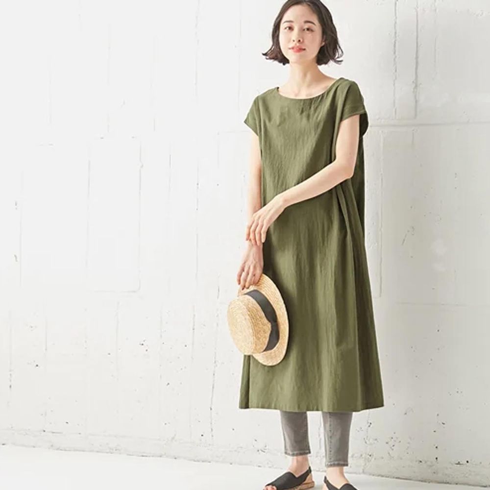 日本 BELLUNA - 純棉素面修身A字短袖洋裝-墨綠