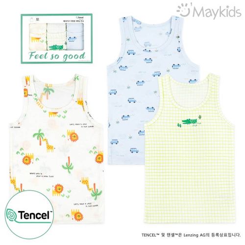 韓國 Maykids - (3入組)男寶天絲莫代爾透氣背心-非洲動物X車車