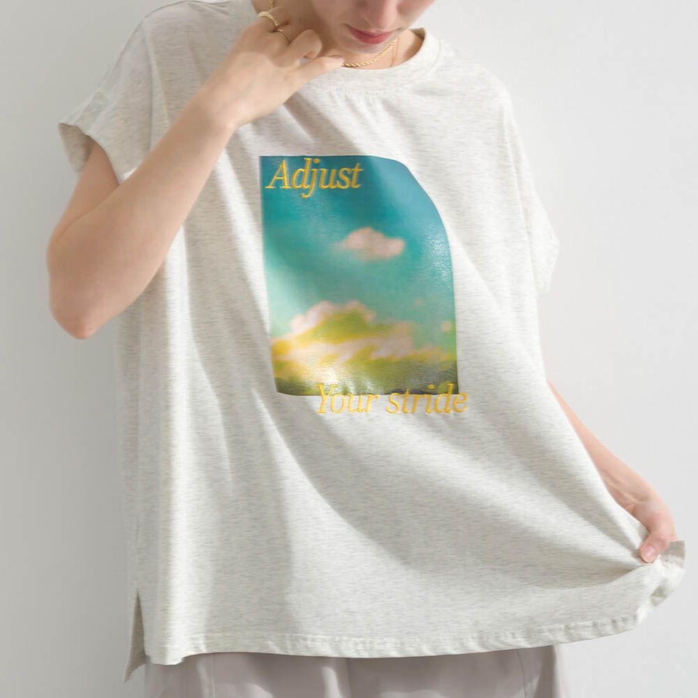 接觸冷感 光暈印花法式袖T恤-淺灰