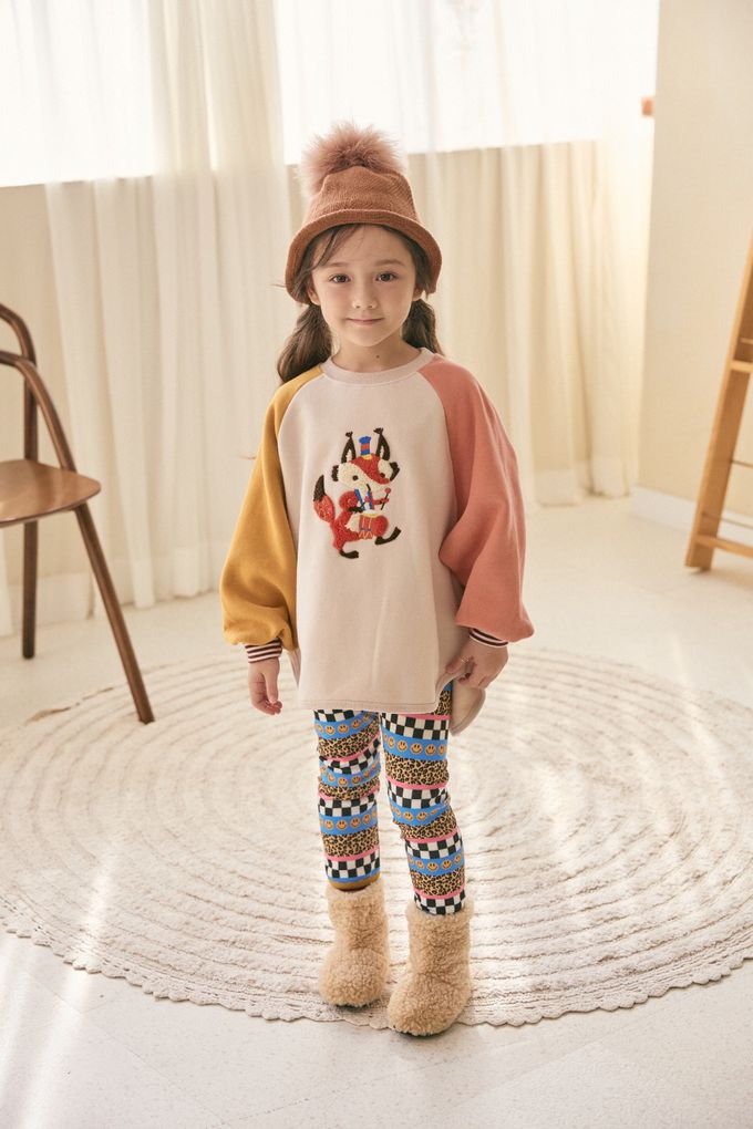 韓國 Mimico - (內磨毛)絨毛狐狸雙色袖上衣-芥黃X粉橘