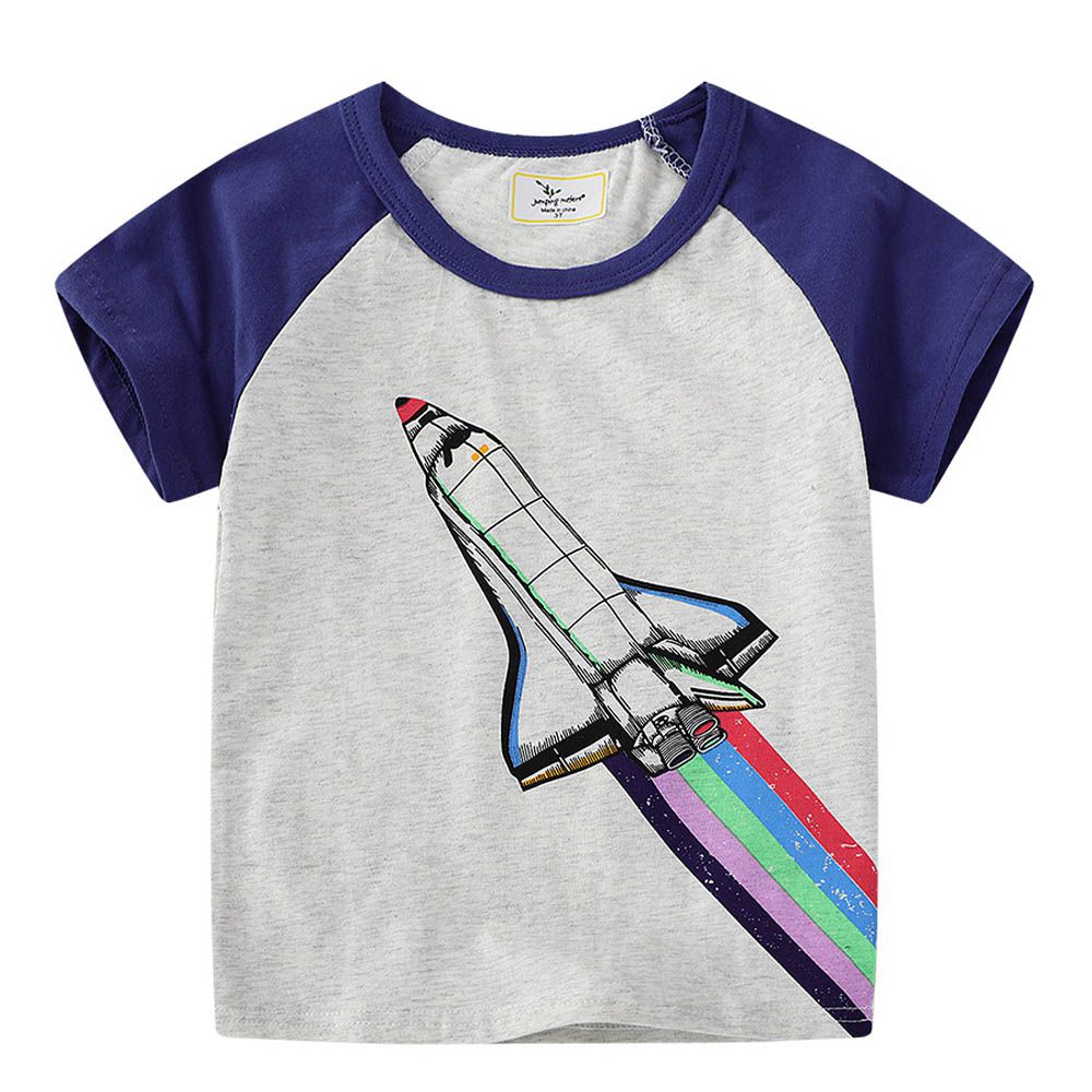 棉質圓領短袖上衣-彩色火箭-拼色灰