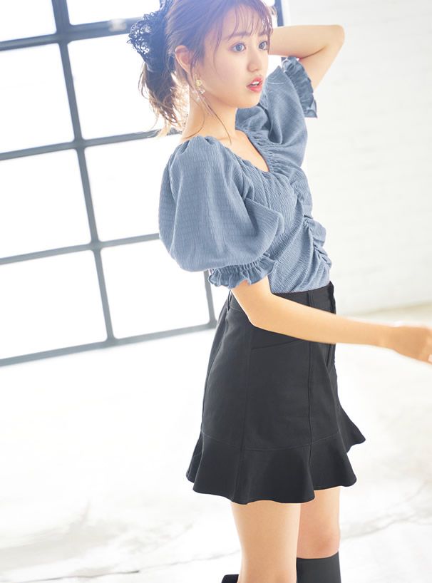 日本 GRL - V領抓皺澎澎短袖抽繩上衣-罌粟粉