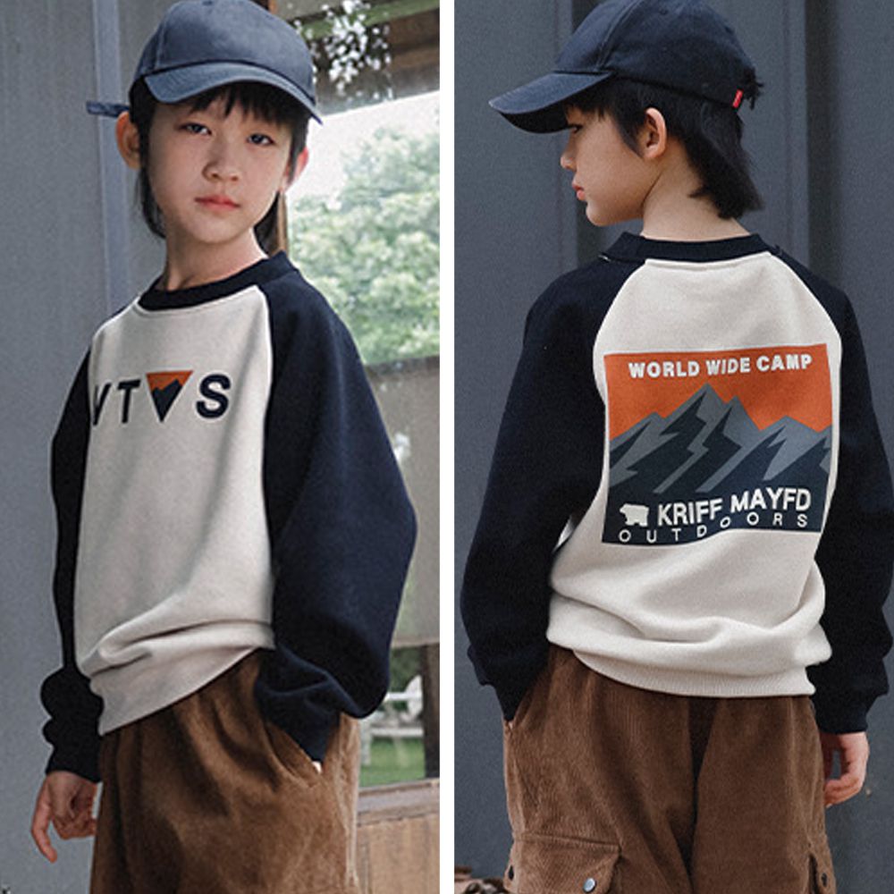 保暖加絨長袖上衣/大學T-山系印花-拼袖杏