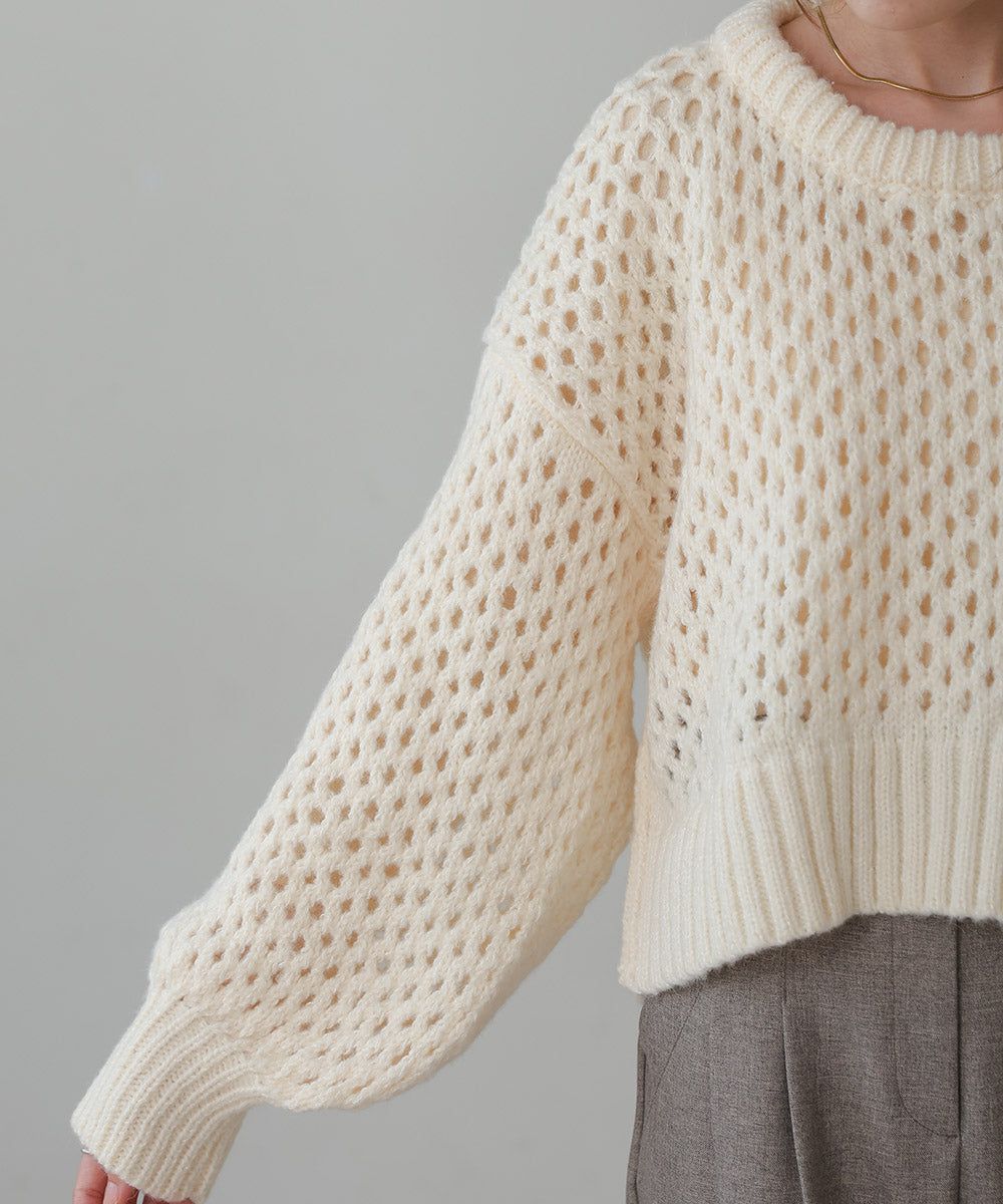 日本 Bab - 混羊毛設計感網格針織上衣-摩卡