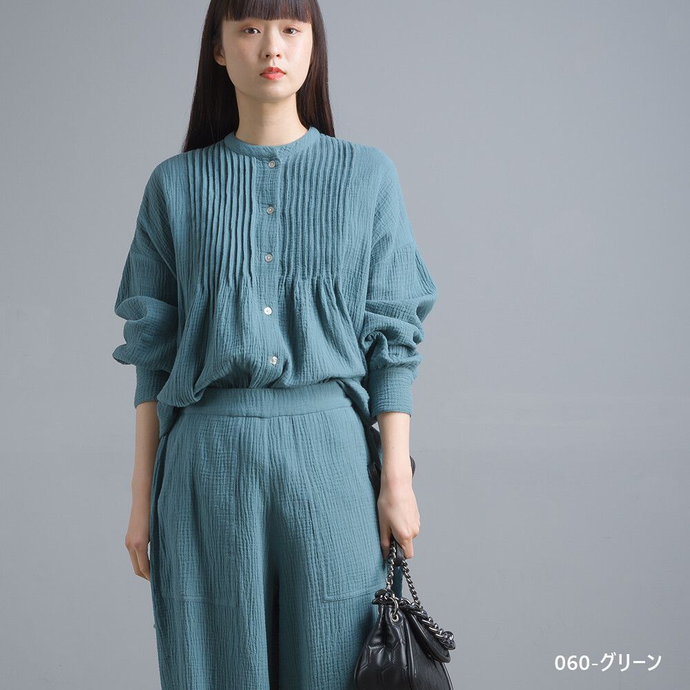 日本女裝代購 - 二重紗純棉風琴褶長袖上衣-黑