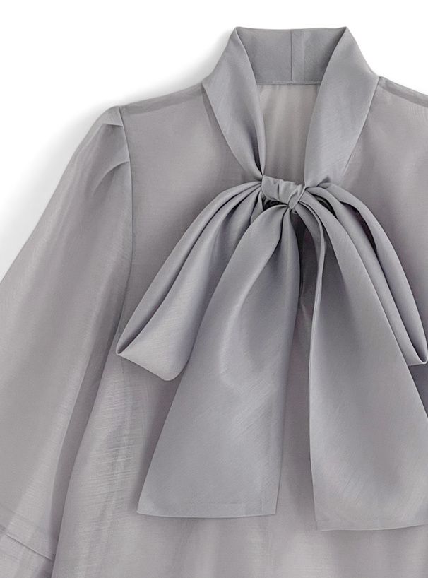 日本 GRL - 薄紗透感扭結氣球袖上衣-黑 (F)