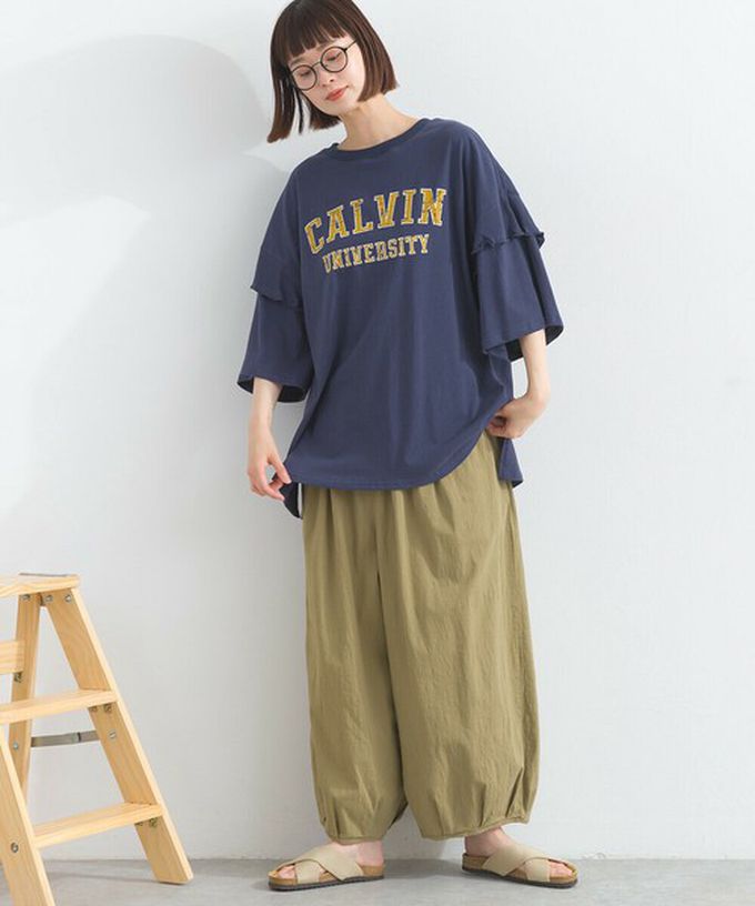 日本 Lupilien - 接觸冷感 學院風印花荷葉寬袖上衣-橘