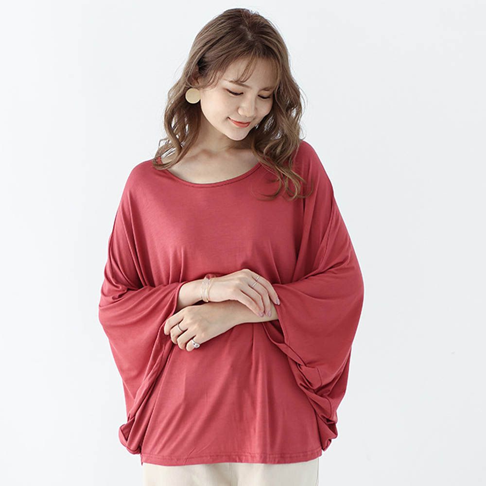 莫代爾3D剪裁瘦瘦蝙蝠袖上衣-磚紅色 (F)