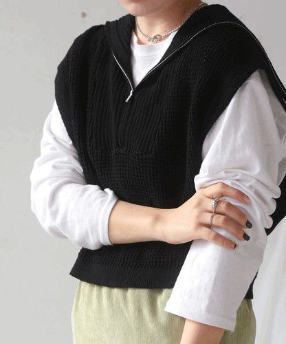 日本 Bou Jeloud - 拉鍊翻領針織背心-黑