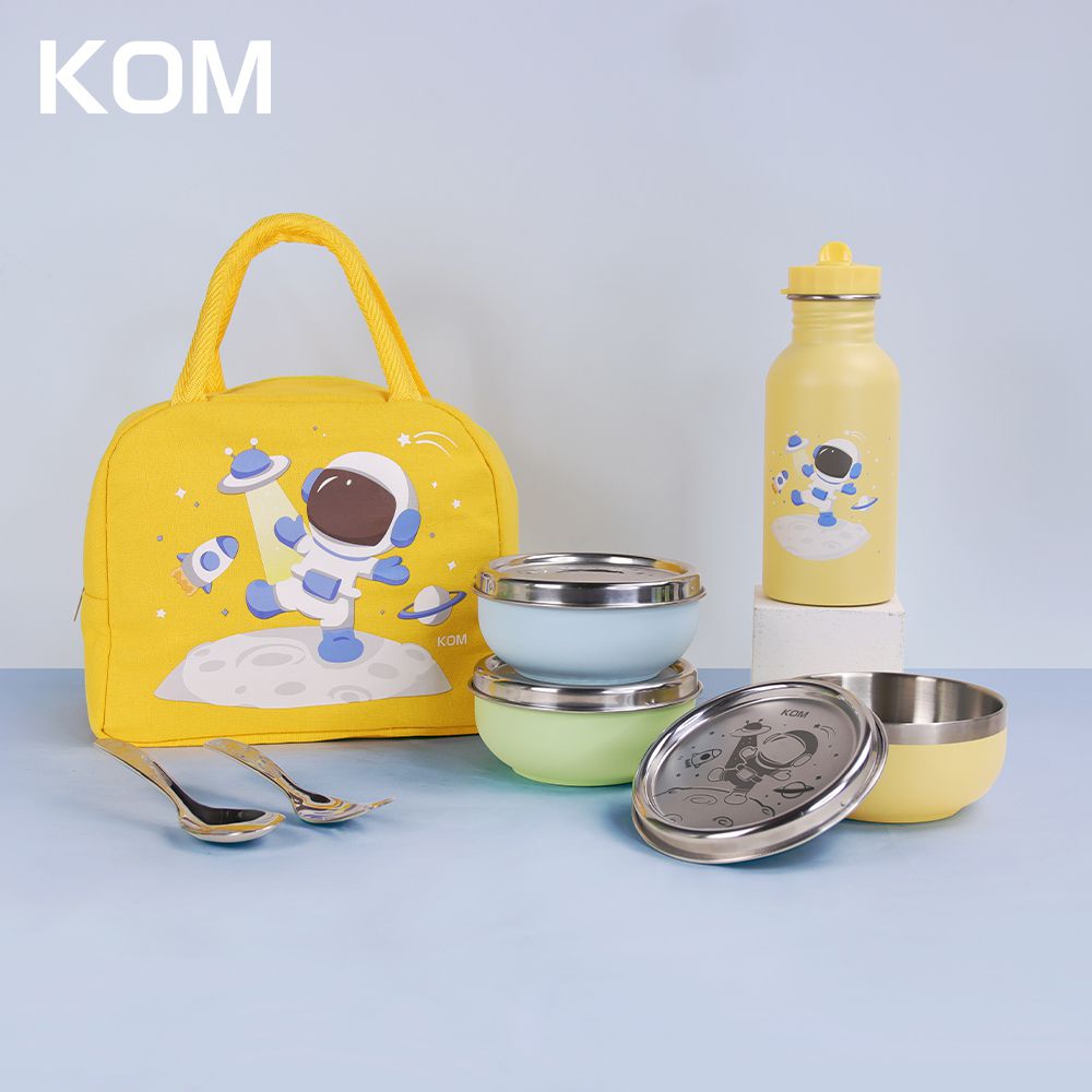 KOM - 夢想系列｜磨砂316不鏽鋼兒童隔熱碗三款各1+叉匙組+隨身瓶+便當袋-太空人