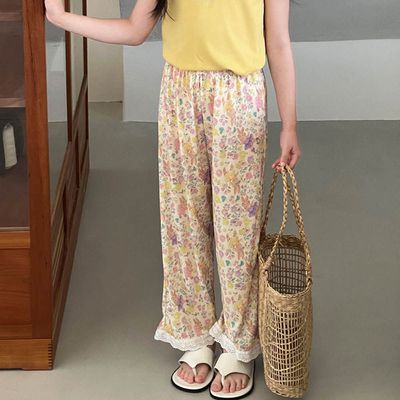 冰絲涼感蕾絲花邊九分睡褲/家居服-碎花小兔