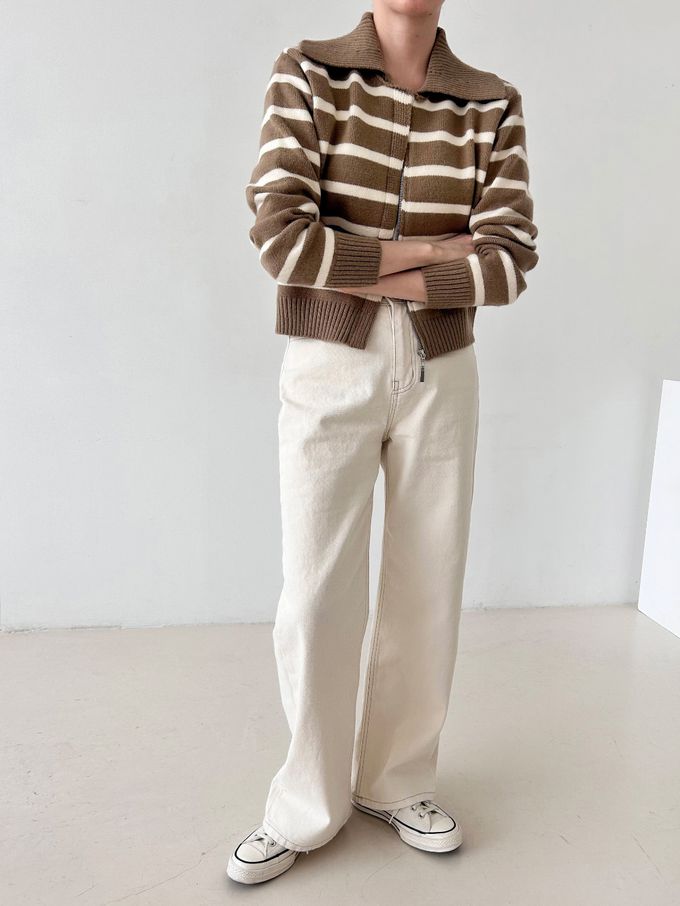 韓國女裝連線 - 溫柔條紋翻領拉鍊針織外套-摩卡咖 (FREE)