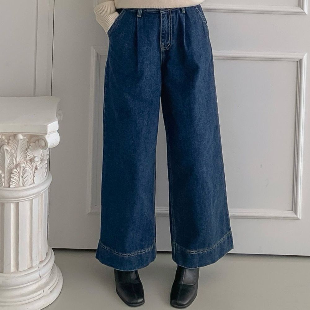 EDITION (內磨毛)彈性腰腰際小抓褶長腿寬褲-深藍