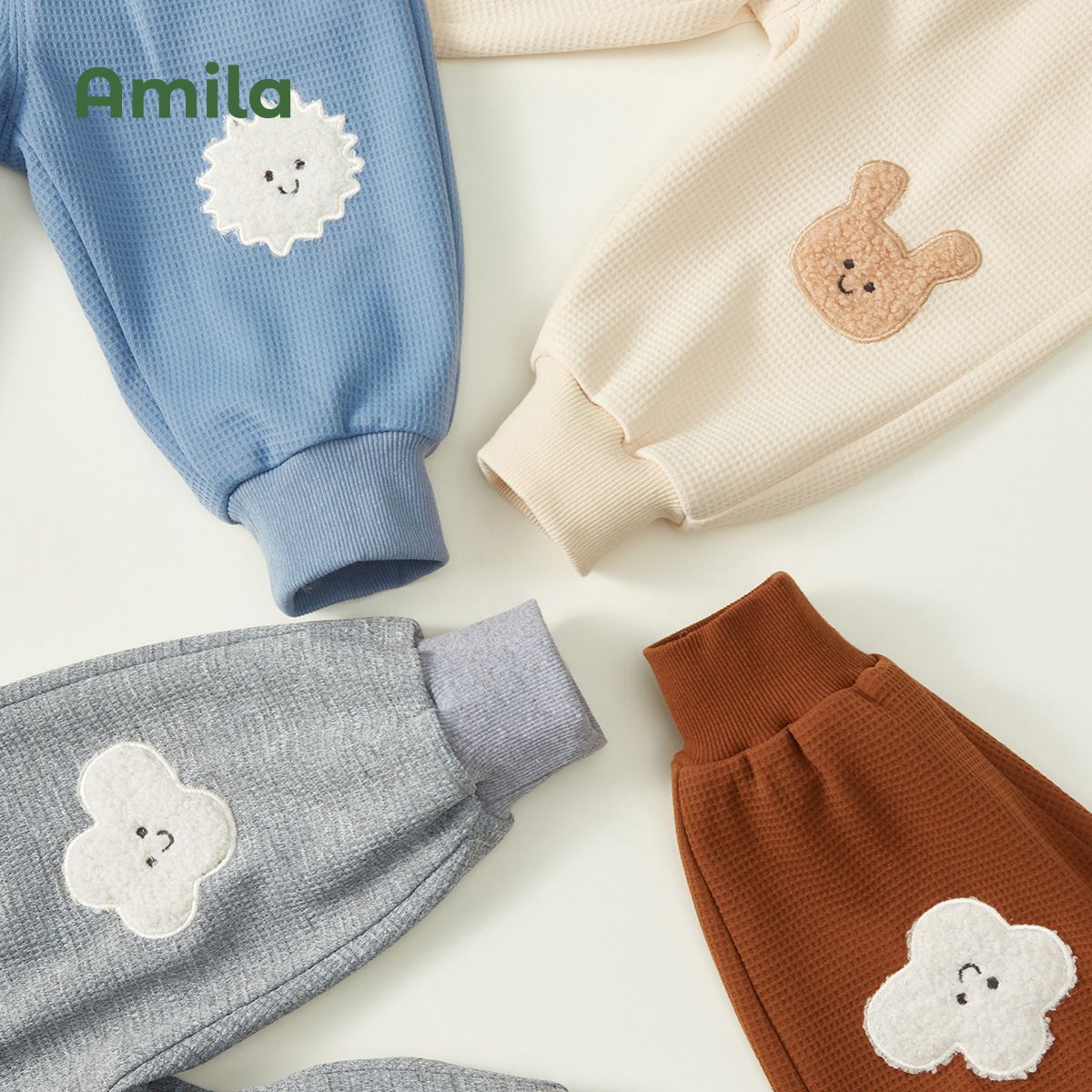 華夫格束口休閒長褲-雲朵-灰色