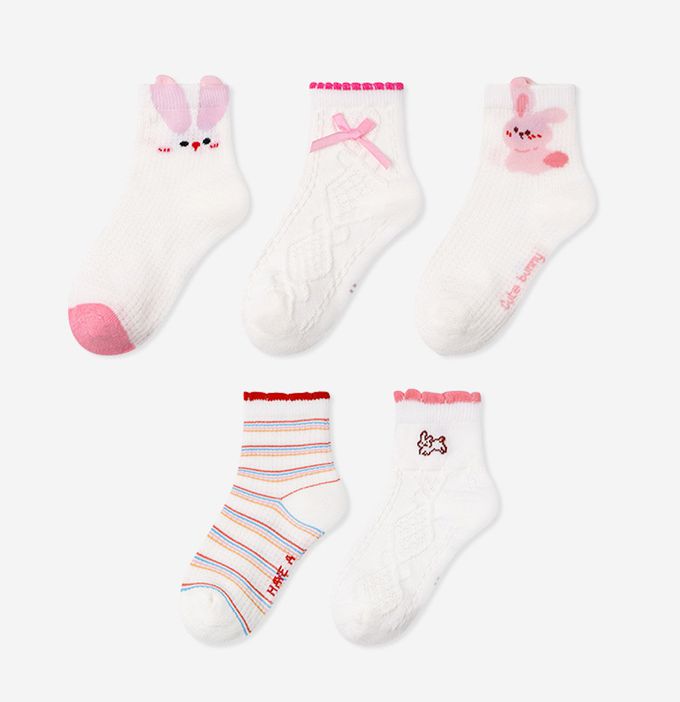 可愛粉紅兔蝴蝶結網眼短筒棉襪