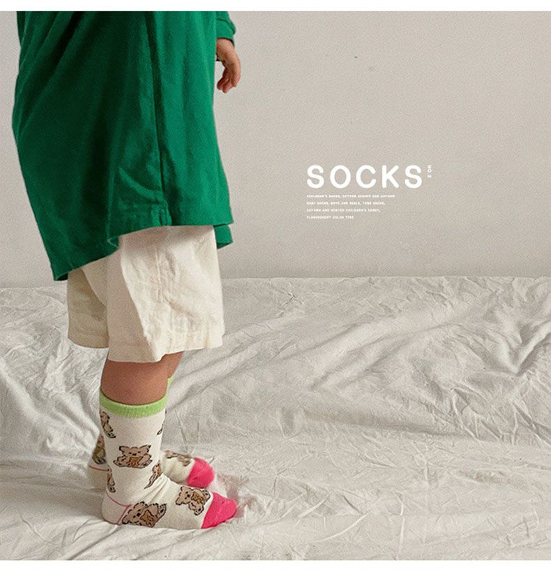兒童中筒襪 (三入一組)-1093小熊花園-A款綠