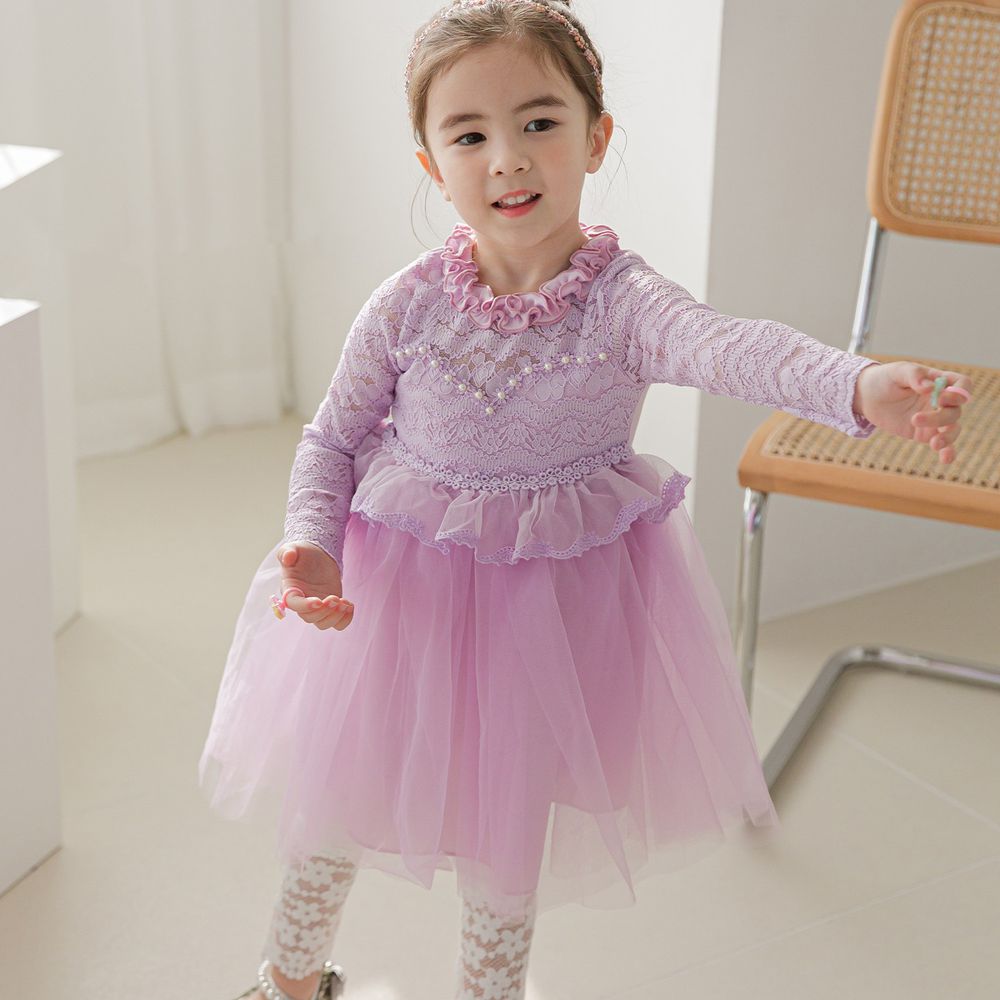 韓國 mari an u - 珍珠蕾絲上衣拼接網紗洋裝-薰衣紫