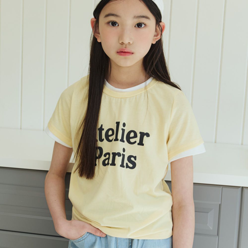 sm2 拼色假兩件文字印短袖上衣-淺黃