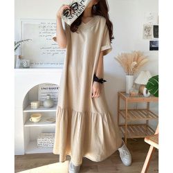 日本 Classical Elf - 顯瘦線條V領傘狀五分袖洋裝-卡其杏