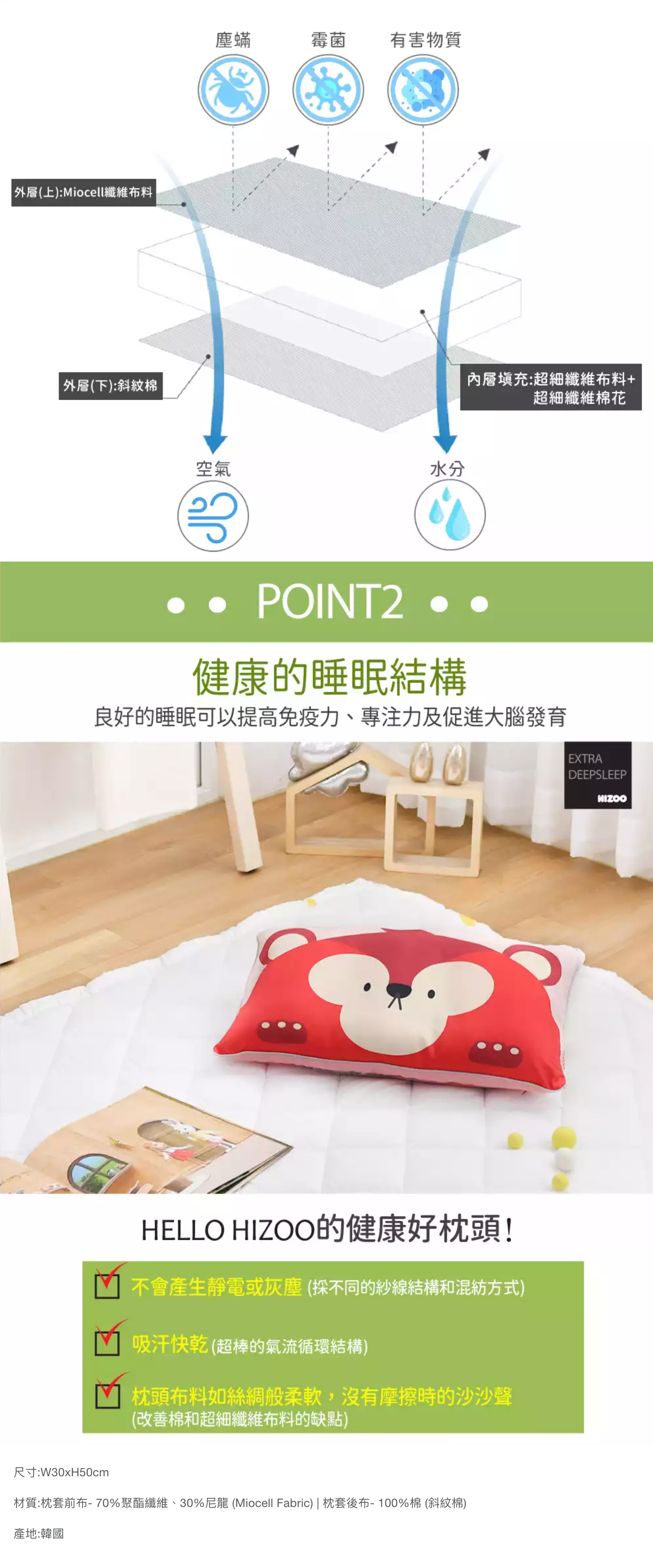 韓國 Hello HiZoo - 手工製可愛動物防蟎抗菌兒童枕套-守護熊 (30x50cm)