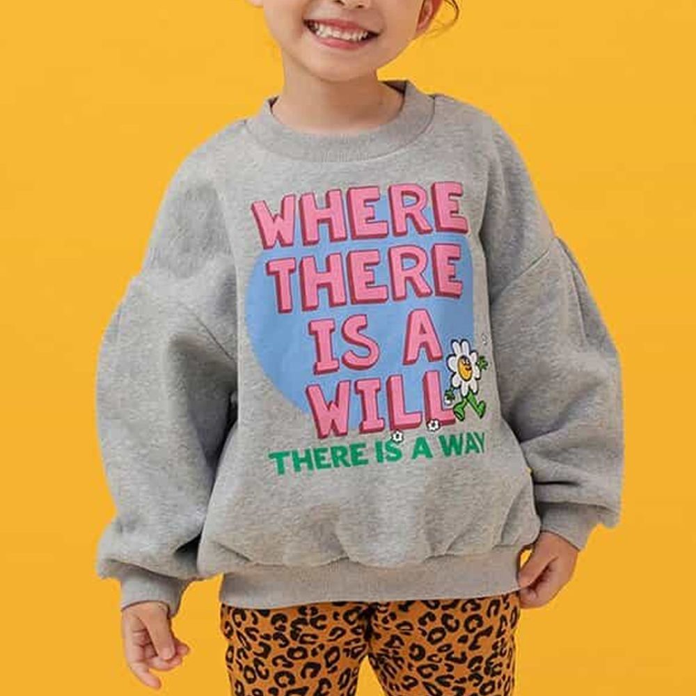 甜蜜印花裏毛長袖上衣-英文標語-灰