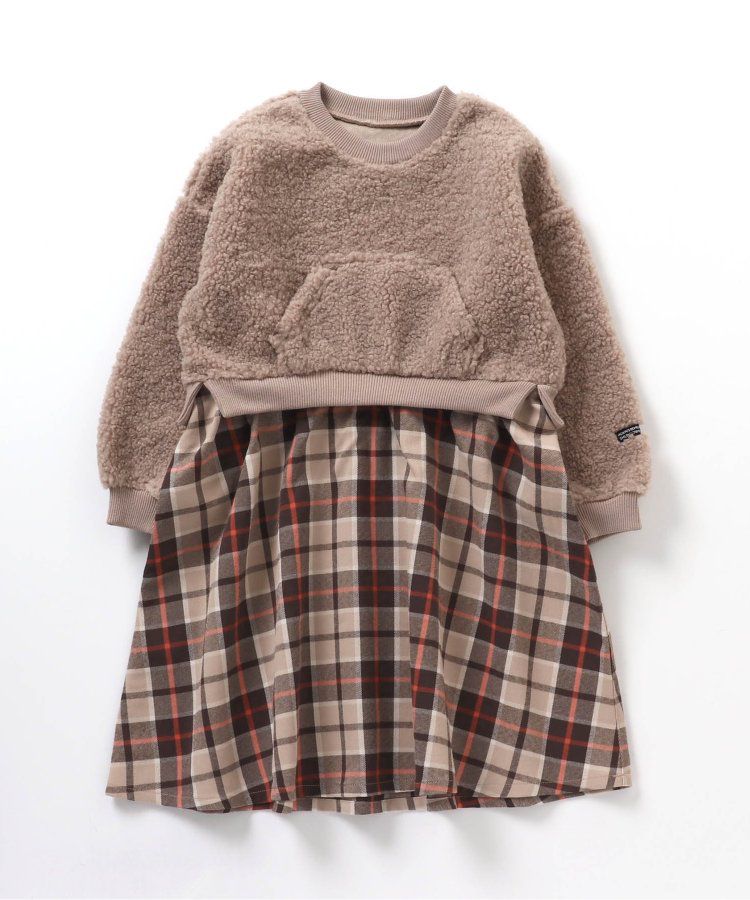 日本 BREEZE - 毛絨印花拼接長袖洋裝-黑x白斑點