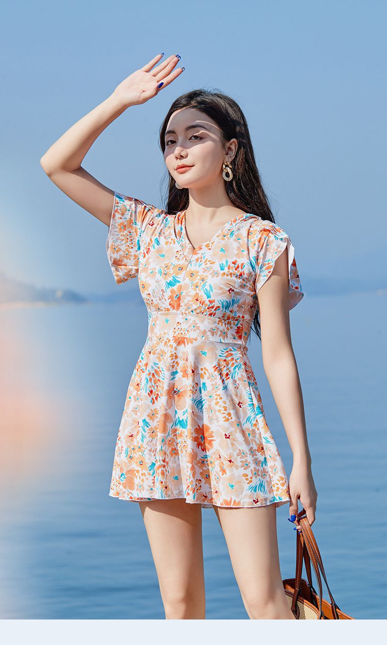 甜美碎花修身顯瘦遮肉連身裙泳衣-滿版花花-深藍+橘