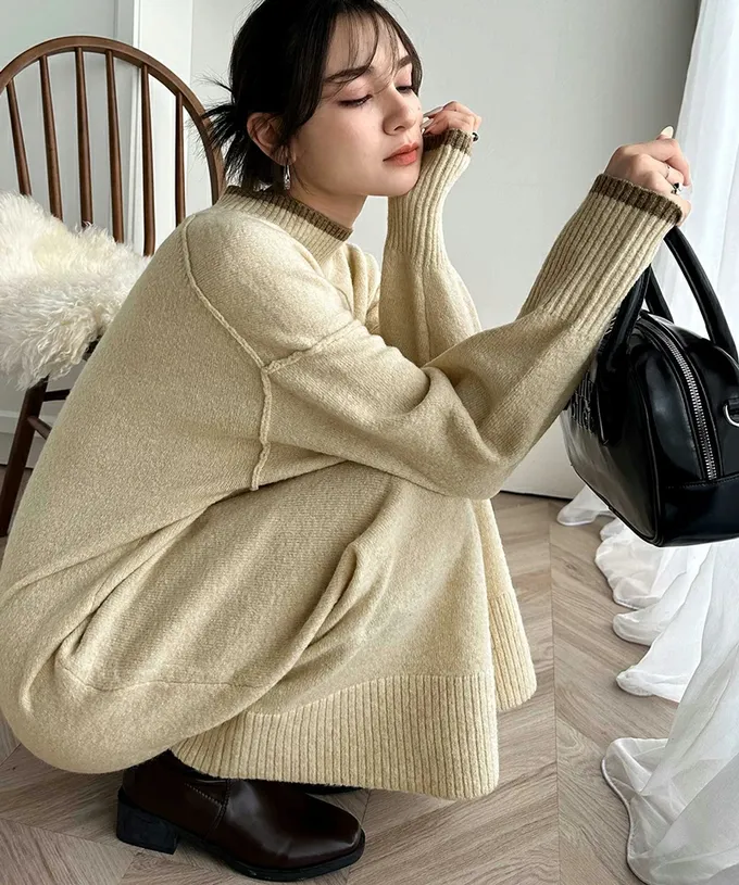 日本 Classical Elf - 溫暖滾邊小立領優雅針織長袖洋裝-黑