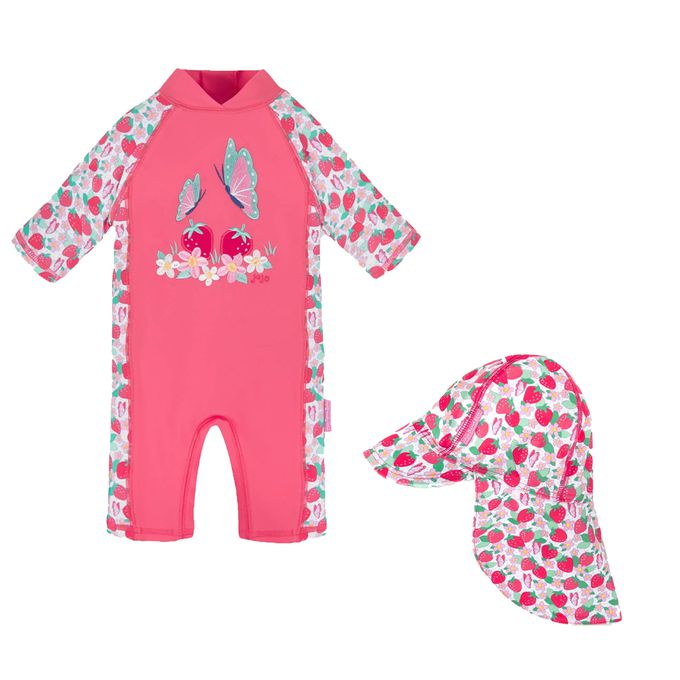 英國 JoJo Maman BeBe - 連身式泳裝+防曬護頸遮陽帽-莓香蝴蝶_JJH3976+甜蜜草莓_JJH3978