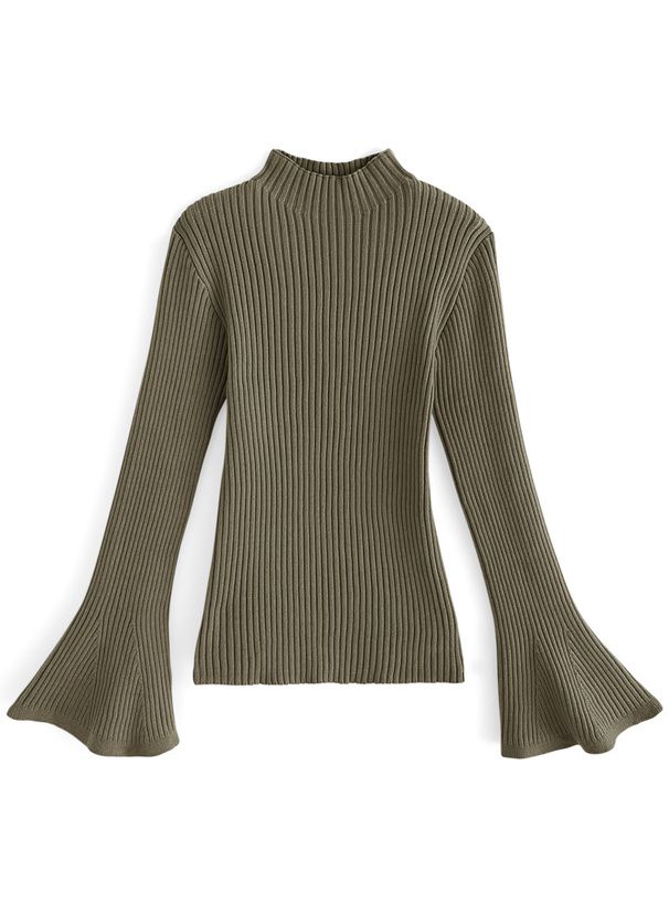 日本 GRL - 微喇叭袖彈性薄針織上衣-奶茶