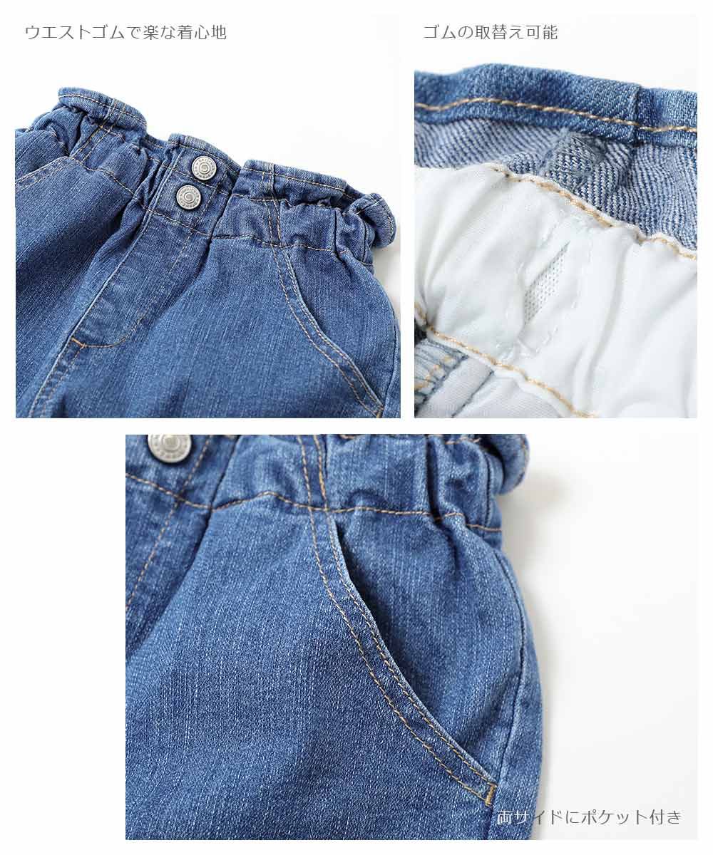 日本 devirock - RAKU DENIM 女孩高腰摺邊丹寧褲-錐形-牛仔藍