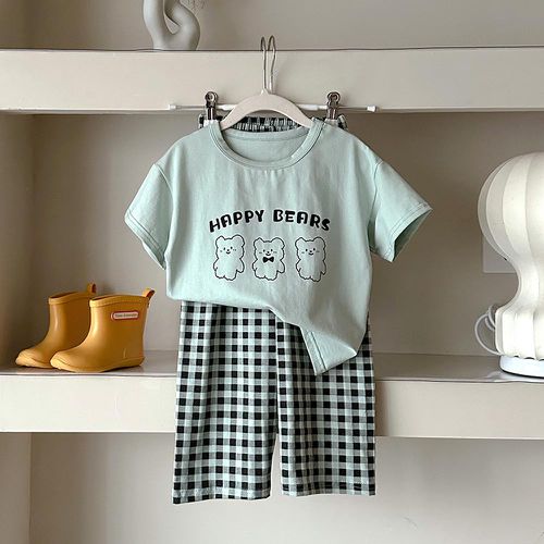 萊卡薄款短袖寬褲家居服套裝/空調服-熊熊+格子褲-灰綠色