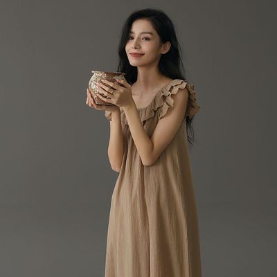 love, charlotte - 沉寂極簡風全棉双層皺紗荷葉袖洋裝居家服-寬鬆版型-沙漠卡其色 (均碼)