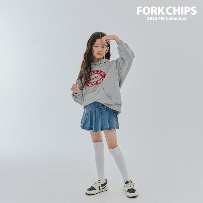 韓國 FORK CHIPS - 鬆緊腰不對稱百褶丹寧褲裙