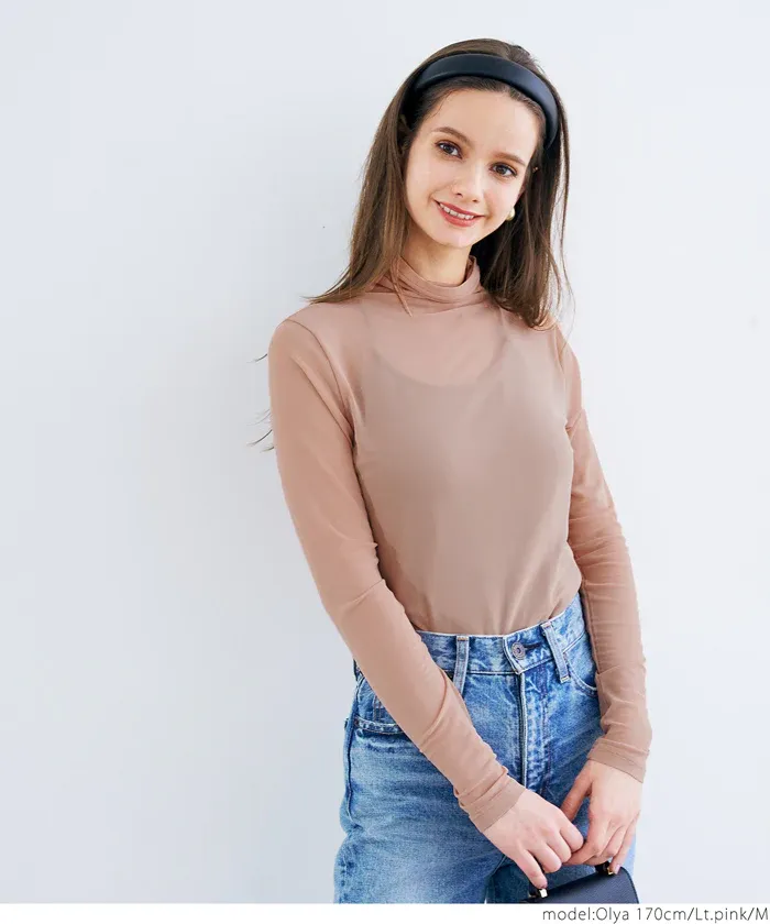 日本 COCA - 微透膚立領長袖上衣/內搭-深可可