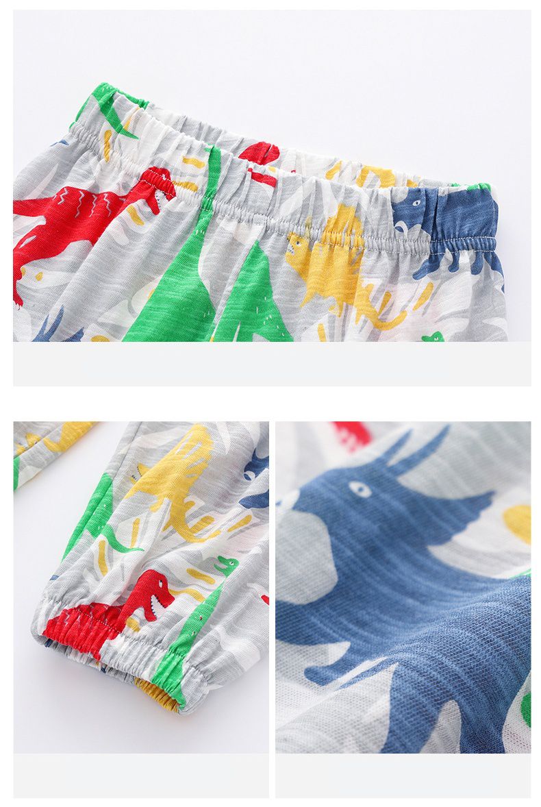 竹節棉束口長褲/防蚊褲-恐龍世界-藍+黃+灰