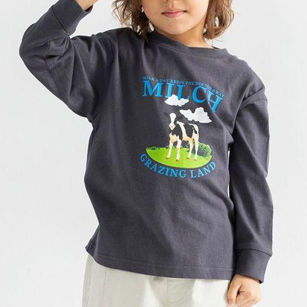 100%棉 美味季節印花長袖上衣-乳牛-炭灰