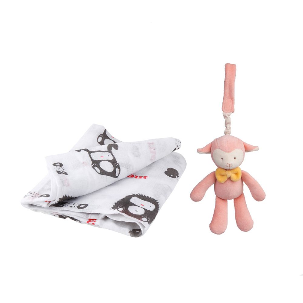 以色列 mezoome - 有機棉精品床寢-新生寶貝超值組-蜜桃紅-紗布包巾+吊掛小玩偶 亮寶羊羊