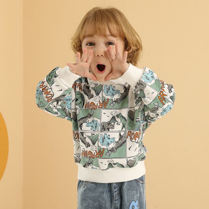 童趣圓領長袖上衣-漫畫恐龍-黃色