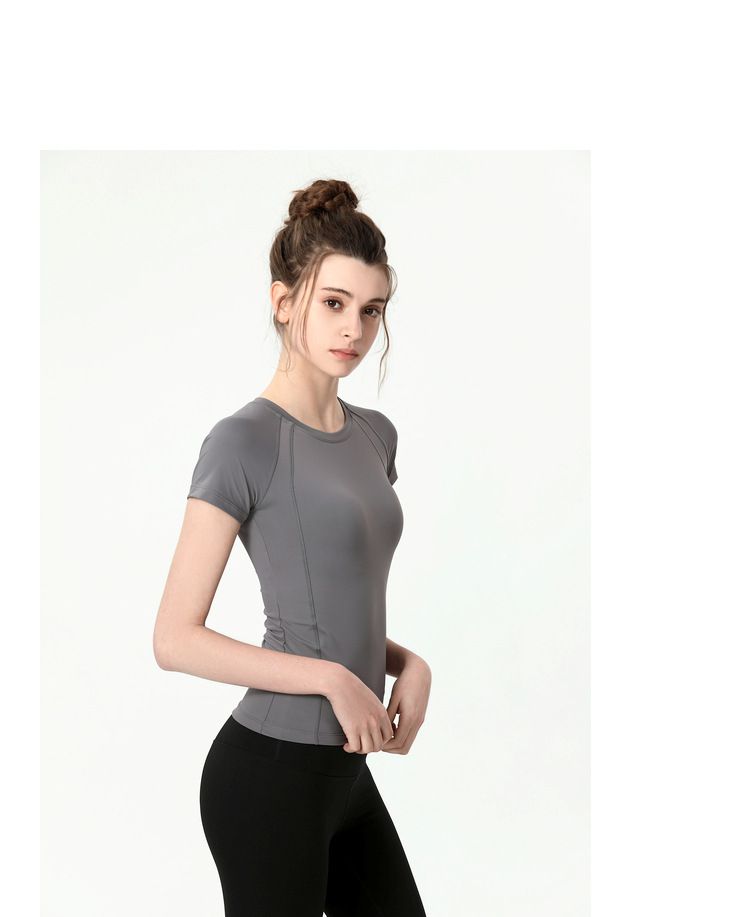 S~4XL圓領緊身運動短袖上衣-灰色