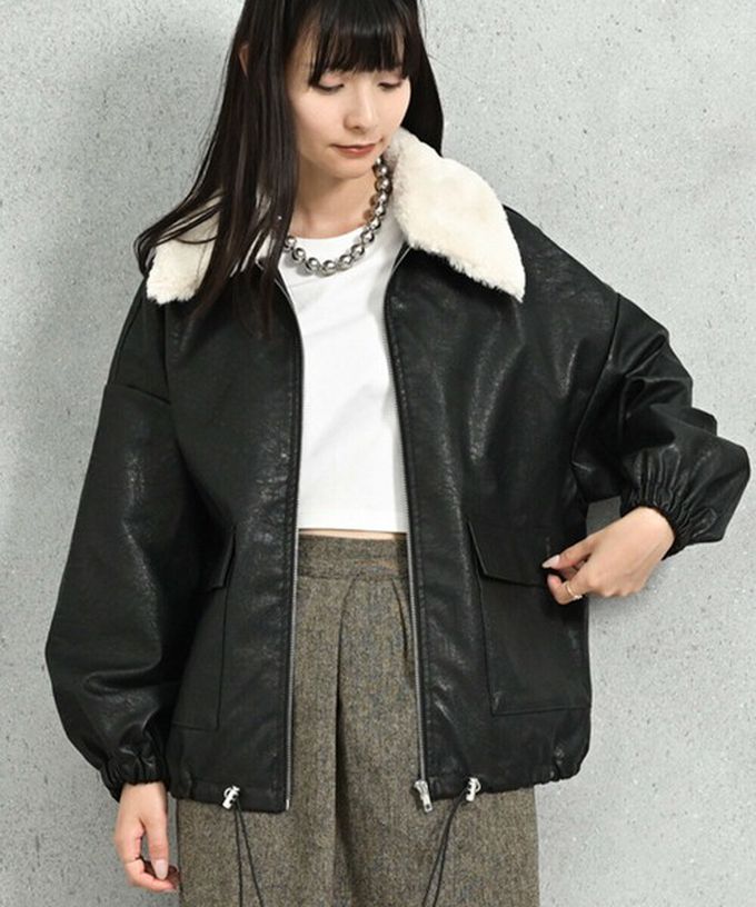 日本 ELENCARE DUE - 2way毛領質感仿皮俐落夾克外套-黑