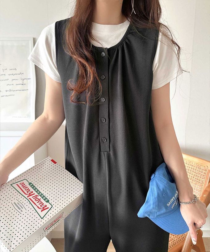 日本 Classical Elf - 亨利領簡約風紋理連身褲-摩卡