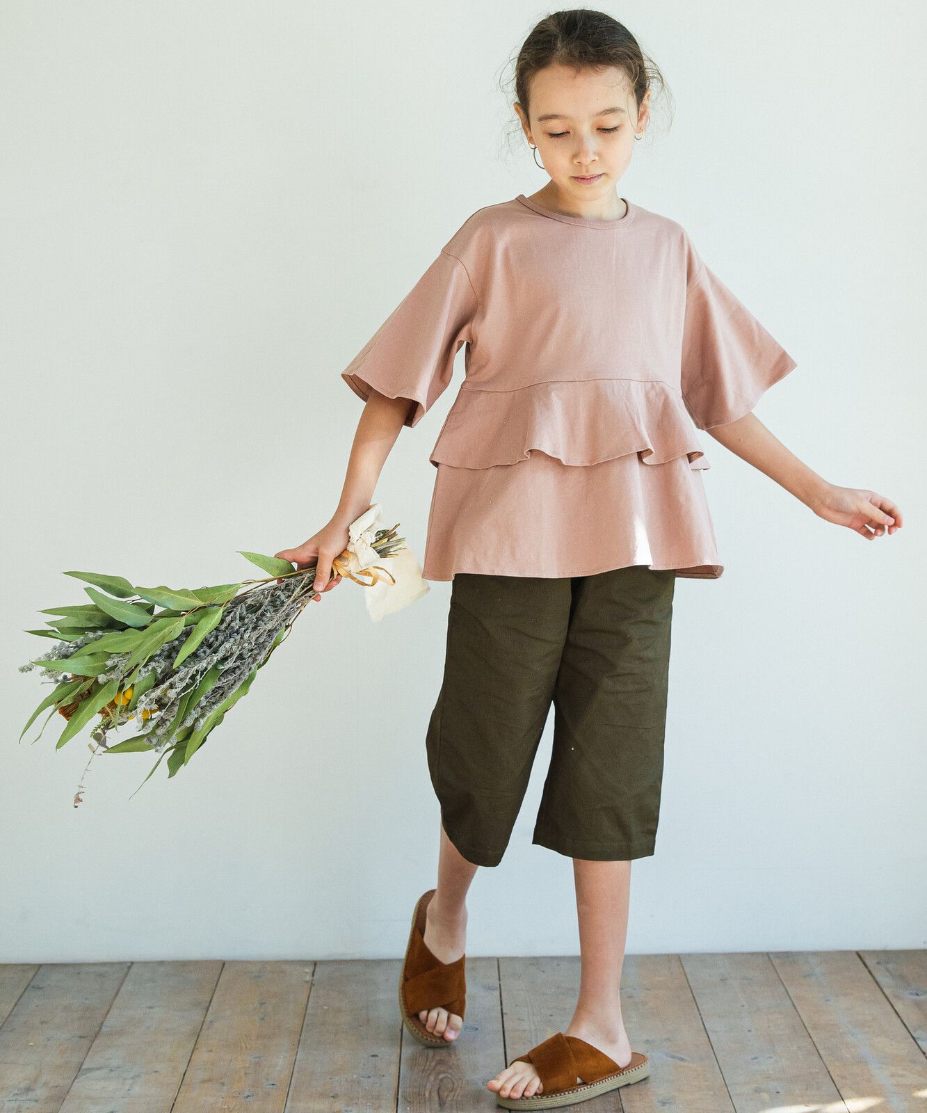 日本 PAIRMANON - 100%柔棉 拼接短T-浪漫荷葉衣襬-淺杏