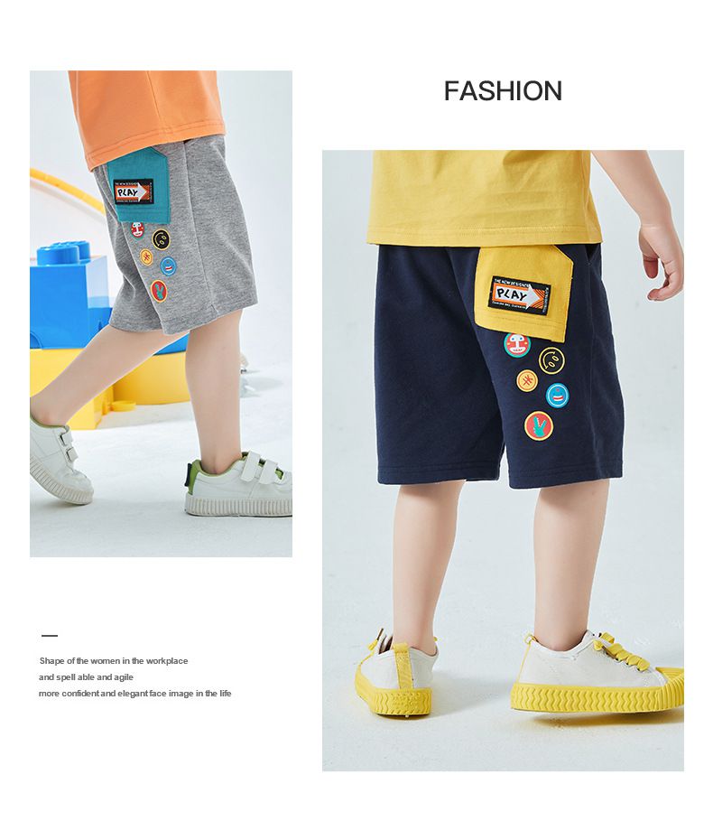 純棉休閒運動五分褲-刺繡小圓標籤-深藍色