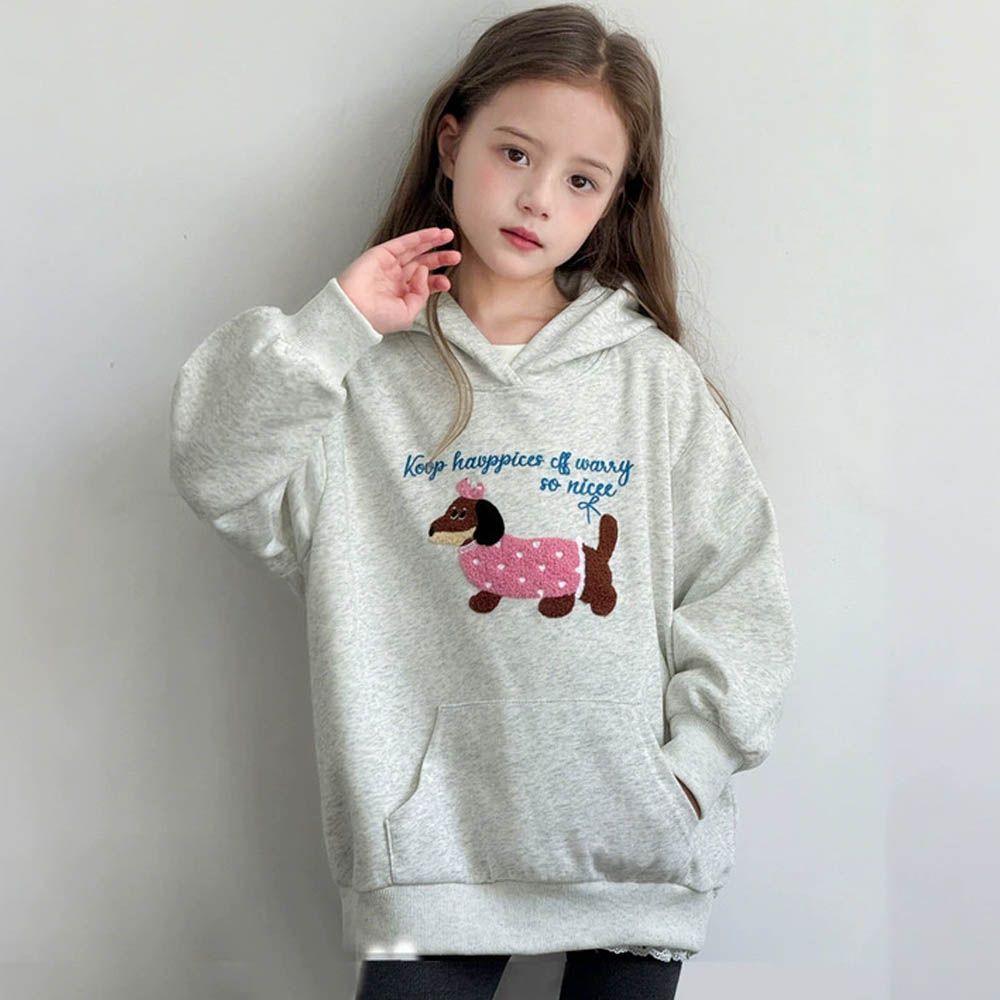 柔軟Q彈中長版連帽長袖上衣-可愛小狗-灰色