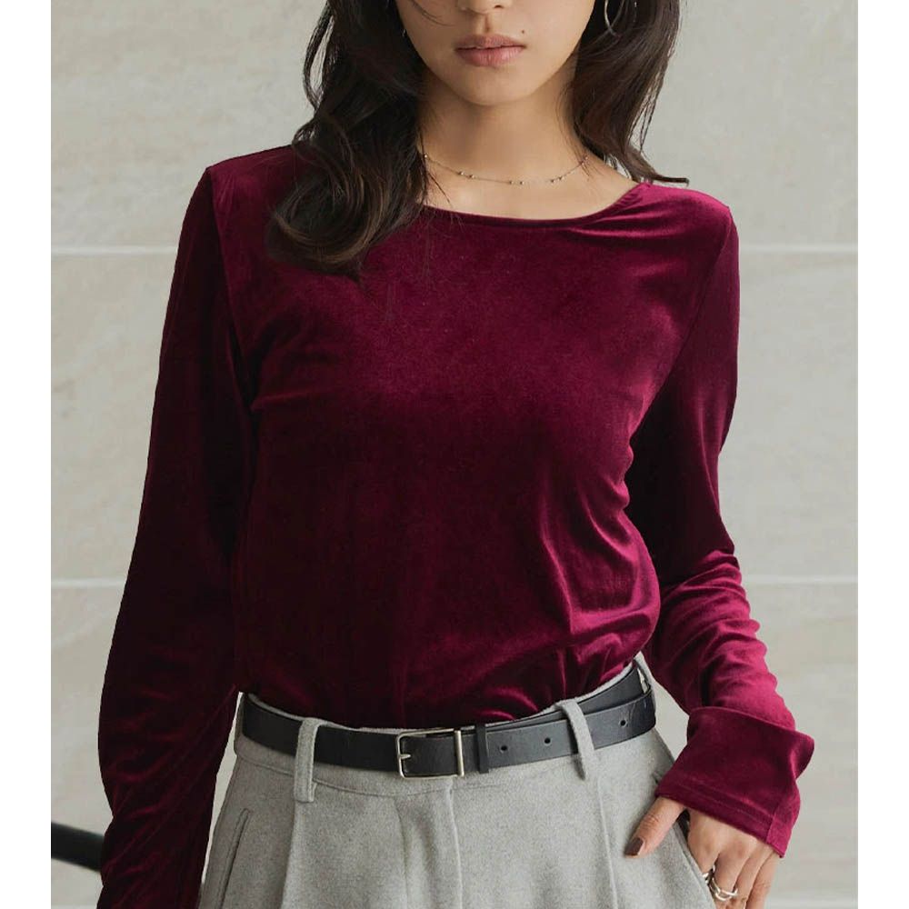 前後2way 光澤絲絨U領長袖上衣-酒紅