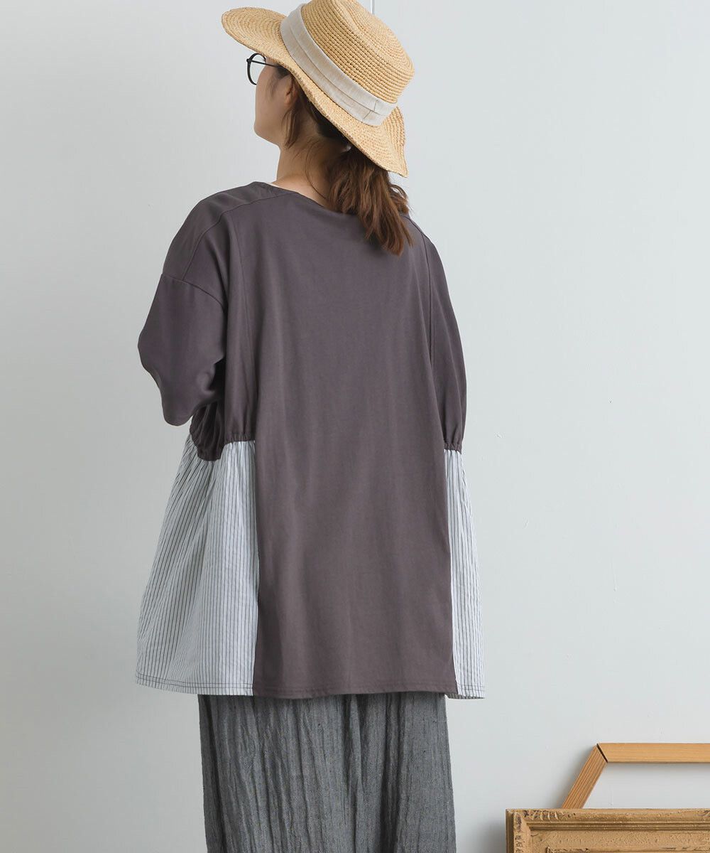 日本女裝代購 - 16支天竺棉拼接五分袖上衣-米白