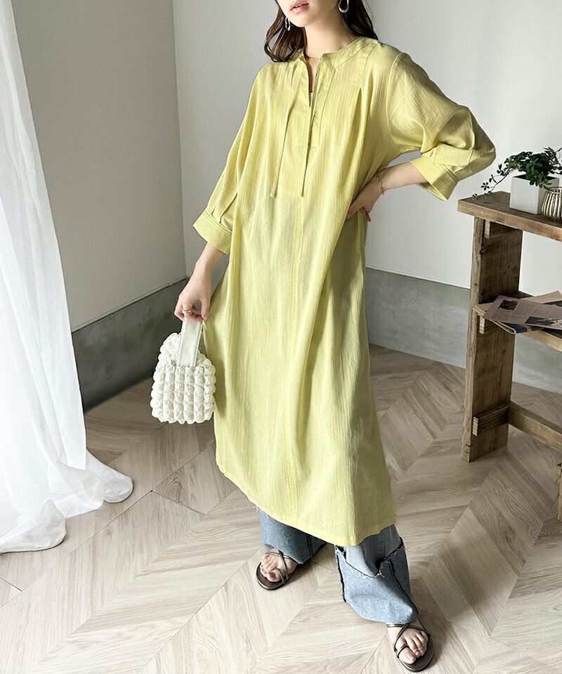 日本 Classical Elf - 透氣楊柳慵懶感開襟長袖洋裝-灰藍