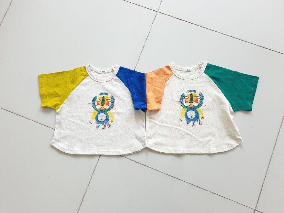 韓國 Mimico - 拼接色滑稽獅子T-藍